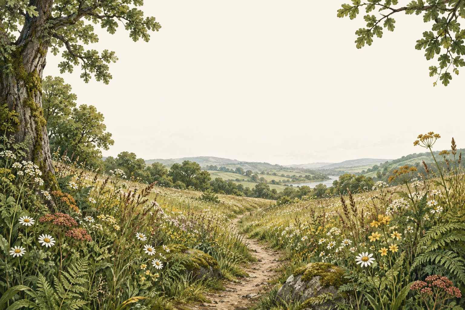 An illustrated wildflower meadow, with a path winding under an old oak into distant hills