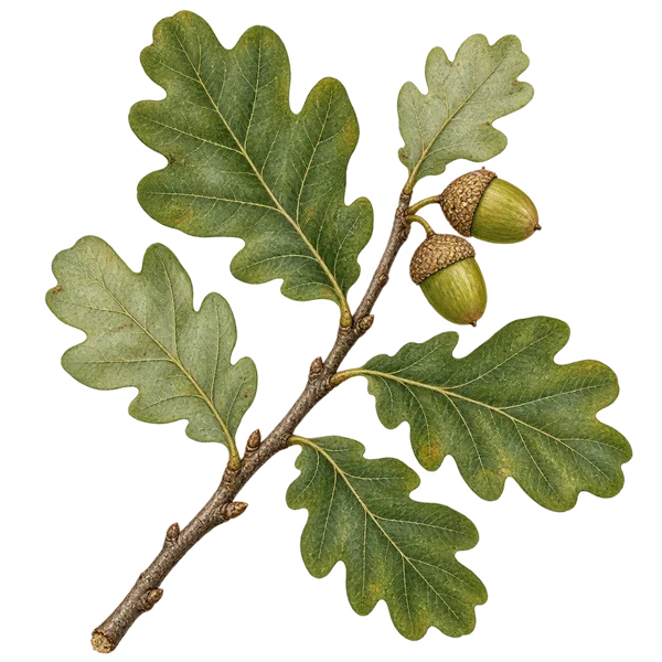 Botanical study of rounded oak leaves and acorns